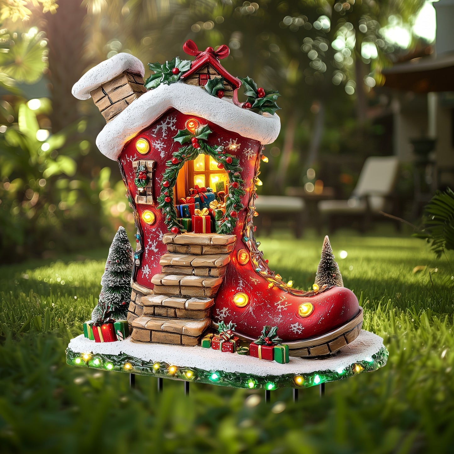 1pc Solar Powered Christmas Elf Boot House Garden Stake, Acrylic Planter Design, Fairy Theme Outdoor Decorative Light Catcher for Lawn, Patio, Home - Holiday Decoration