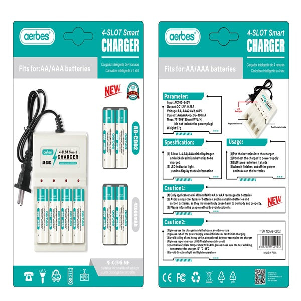 Aerbes 220V 4 Slot AA & AAA Battery Charger set with 4 x AA Rechargeable Battery