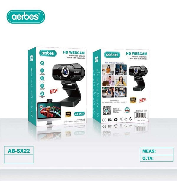 Aerbes AB-SX22 1080P Full HD Web Camera With Built In Microphone For Laptop or Desktop Zoom Calls, Online Meetings, Skype, Discord ETC