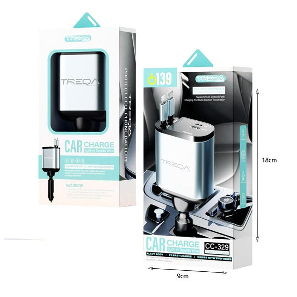 Treqa CC-329 USB + PD Car Charge With Built-in Type C And IOS Charging Cable