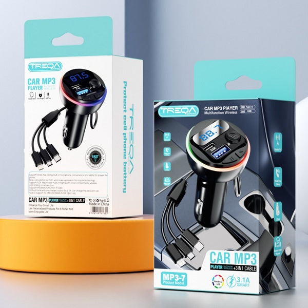 Treqa MP3-7 18W Car MP3 Player With Built-in 3 in 1 Charging Cable