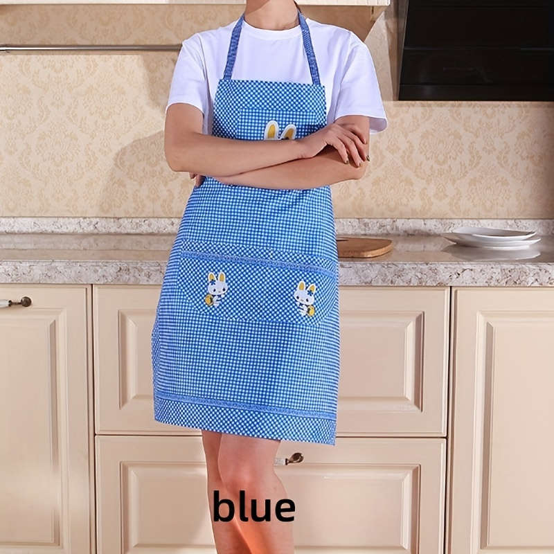 Charming Bunny Theme Green and White Check Polyester Kitchen Apron with Pockets - Peach Skin
