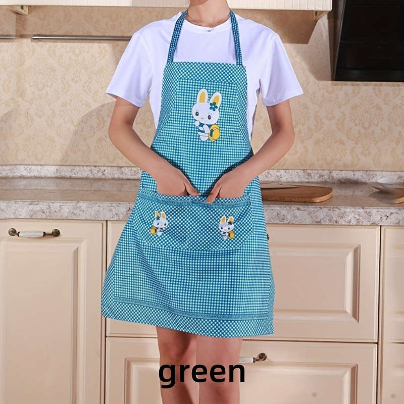 Charming Bunny Theme Green and White Check Polyester Kitchen Apron with Pockets - Peach Skin