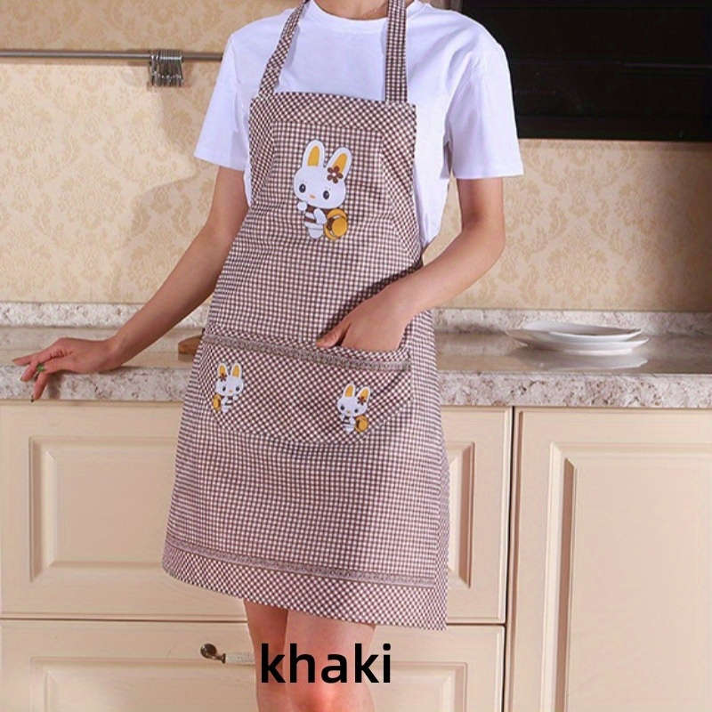 Charming Bunny Theme Green and White Check Polyester Kitchen Apron with Pockets - Peach Skin