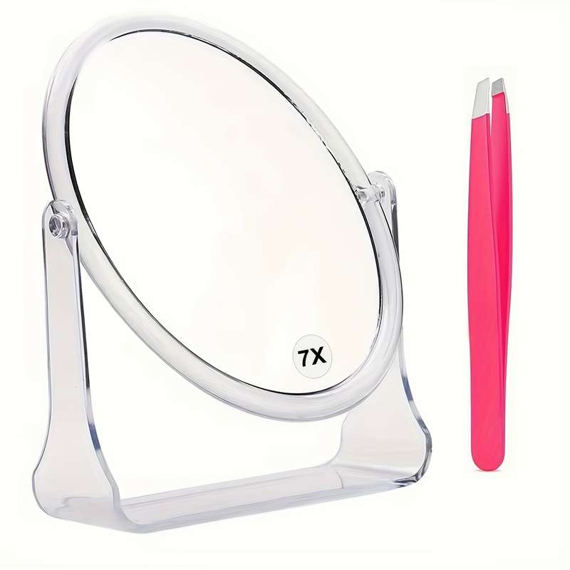 1X and 7X magnification makeup mirror and hair removal tweezers 2-piece set