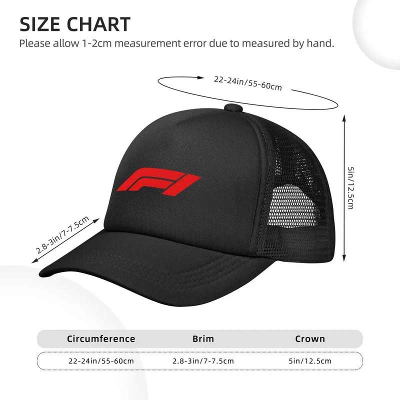 1pc F1 Racing Mesh Baseball Cap Black Snapback with Red F1 Logo Lightweight Polyester Breathable