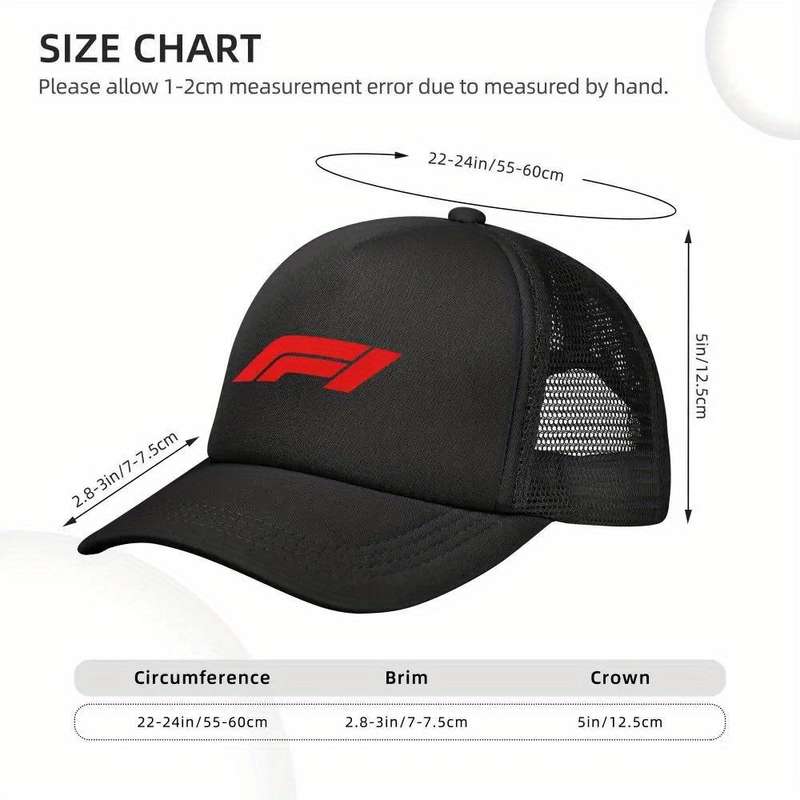 1pc F1 Racing Mesh Baseball Cap Black Snapback with Red F1 Logo Lightweight Polyester Breathable