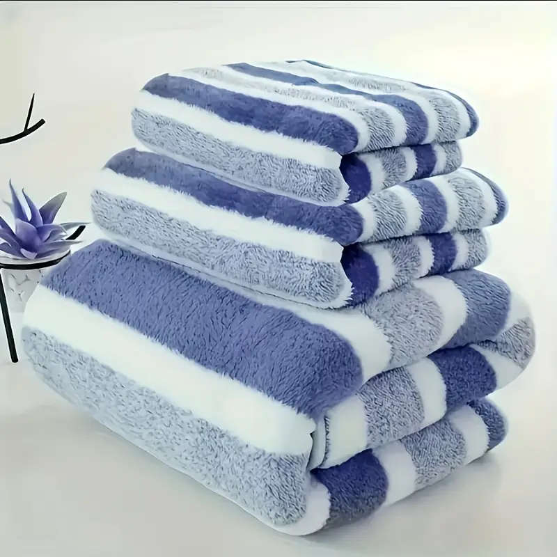 Blue and white striped luxury bath towel three-piece set