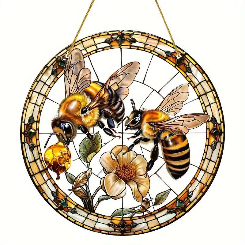 1pc 2D Flat 8" Acrylic Bee and Flowers Stained Glass Style Sun Catcher Vibrant Wall Hanging D