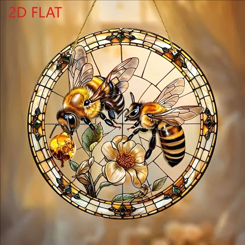 1pc 2D Flat 8" Acrylic Bee and Flowers Stained Glass Style Sun Catcher Vibrant Wall Hanging D