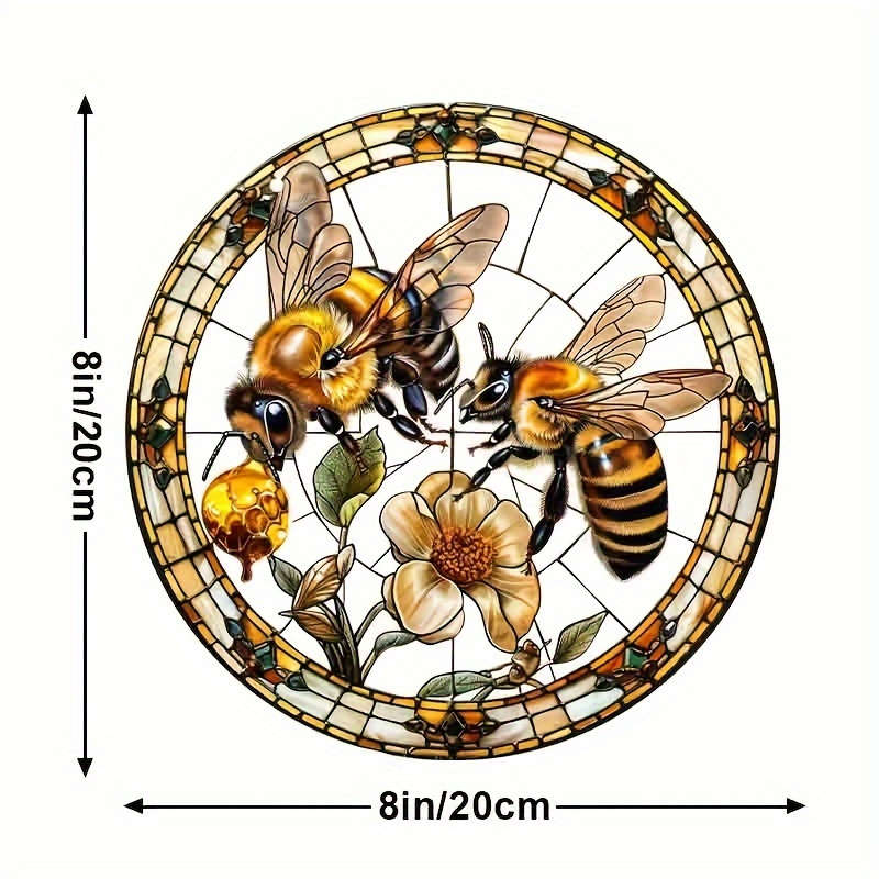 1pc 2D Flat 8" Acrylic Bee and Flowers Stained Glass Style Sun Catcher Vibrant Wall Hanging D
