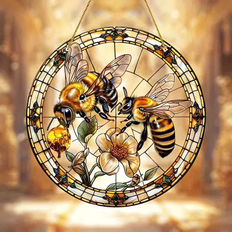 1pc 2D Flat 8" Acrylic Bee and Flowers Stained Glass Style Sun Catcher Vibrant Wall Hanging D