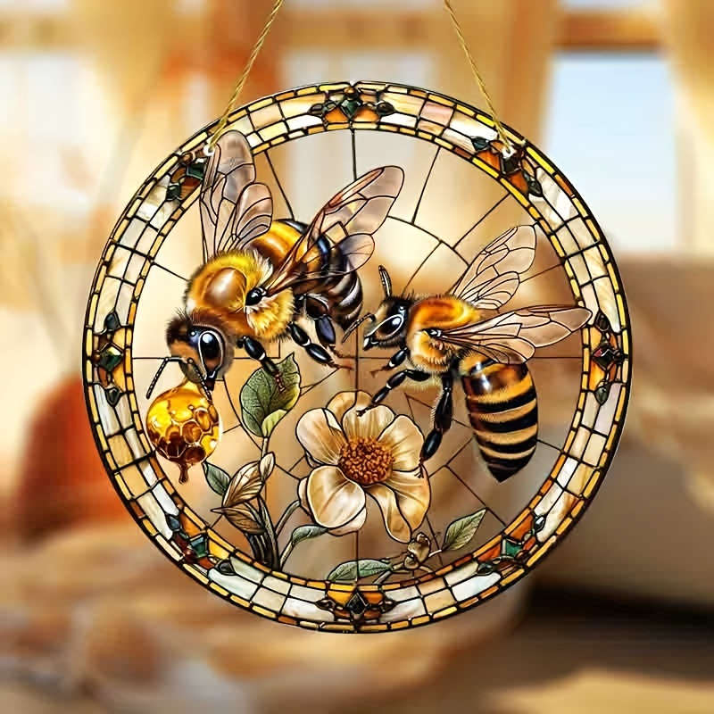 1pc 2D Flat 8" Acrylic Bee and Flowers Stained Glass Style Sun Catcher Vibrant Wall Hanging D