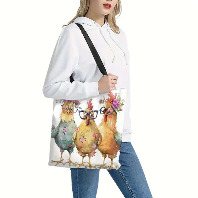 1pcs Chic Cartoon Chicken Tote Bag Lightweight Unique Animal Print Fashion Shoulder Bag Reusable Grocery