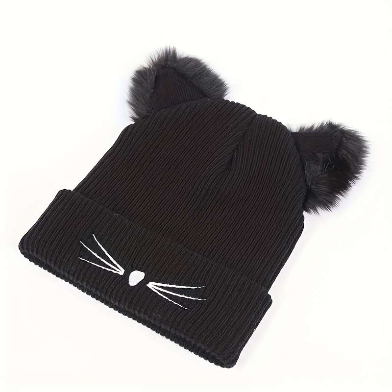 1pc Women's Cute Cat Ear Knit Beanie with Embroidery Acrylic Stretch Skull Cap for Winter Warmth