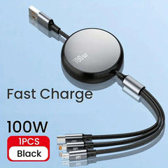 3 in 1 Retractable USB C 6A 100W USB Fast Charger