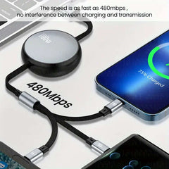 3 in 1 Retractable USB C 6A 100W USB Fast Charger