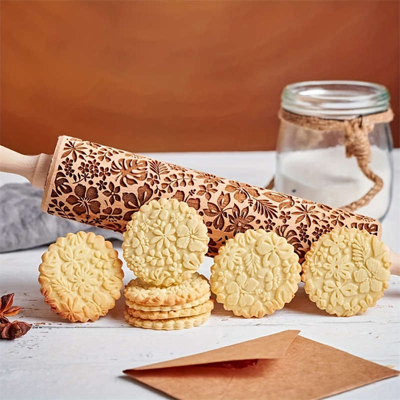 1pc Flower Leaf Rolling Pin (34.8cm), Wooden Embossed Dough Roller, Kitchen Gadgets