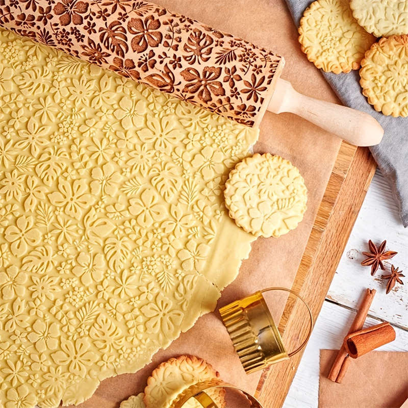 1pc Flower Leaf Rolling Pin (34.8cm), Wooden Embossed Dough Roller, Kitchen Gadgets