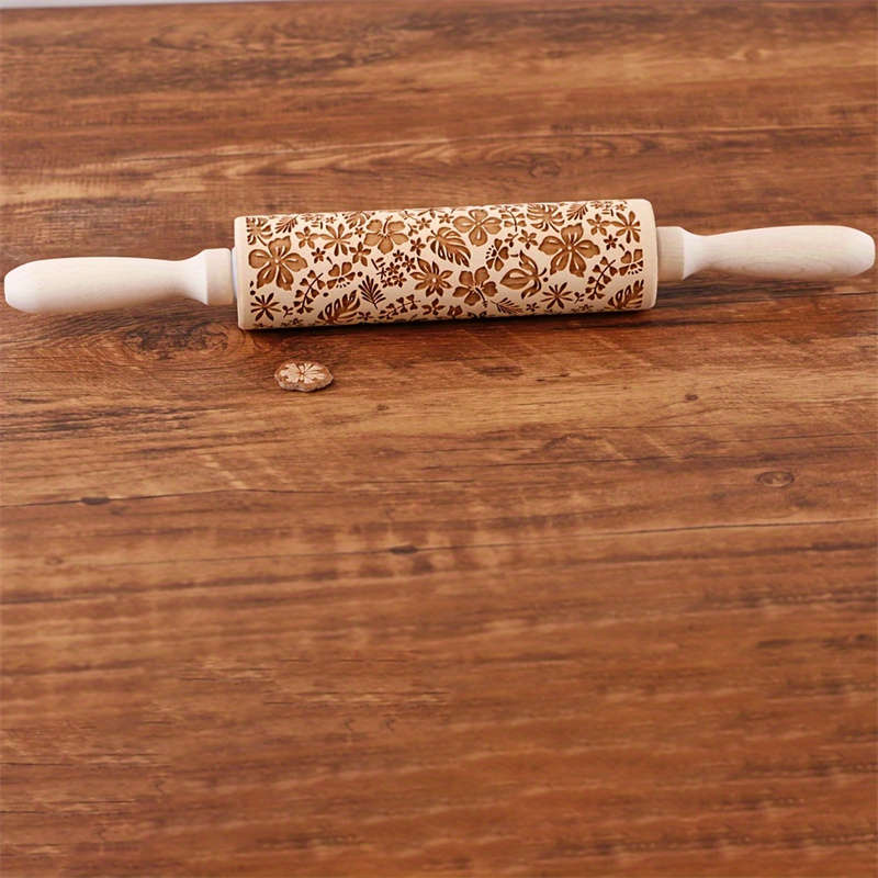 1pc Flower Leaf Rolling Pin (34.8cm), Wooden Embossed Dough Roller, Kitchen Gadgets