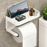 Space saving self-adhesive toilet paper holder with storage shelf