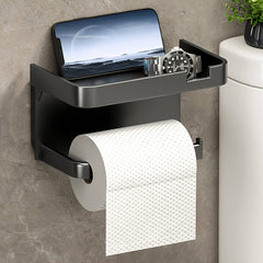 Space saving self-adhesive toilet paper holder with storage shelf