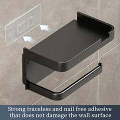Space saving self-adhesive toilet paper holder with storage shelf