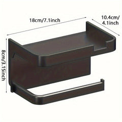 Space saving self-adhesive toilet paper holder with storage shelf