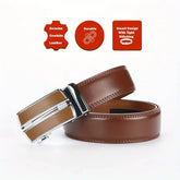 Men's Genuine Leather Ratchet Belt with Adjustable Automatic Buckle, Brown, 130cm