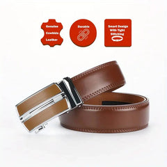 Men's Genuine Leather Ratchet Belt with Adjustable Automatic Buckle, Brown, 130cm