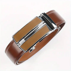 Men's Genuine Leather Ratchet Belt with Adjustable Automatic Buckle, Brown, 130cm