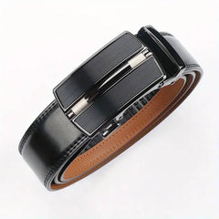 Men's Genuine Leather Ratchet Belt with Adjustable Automatic Buckle, Brown, 130cm