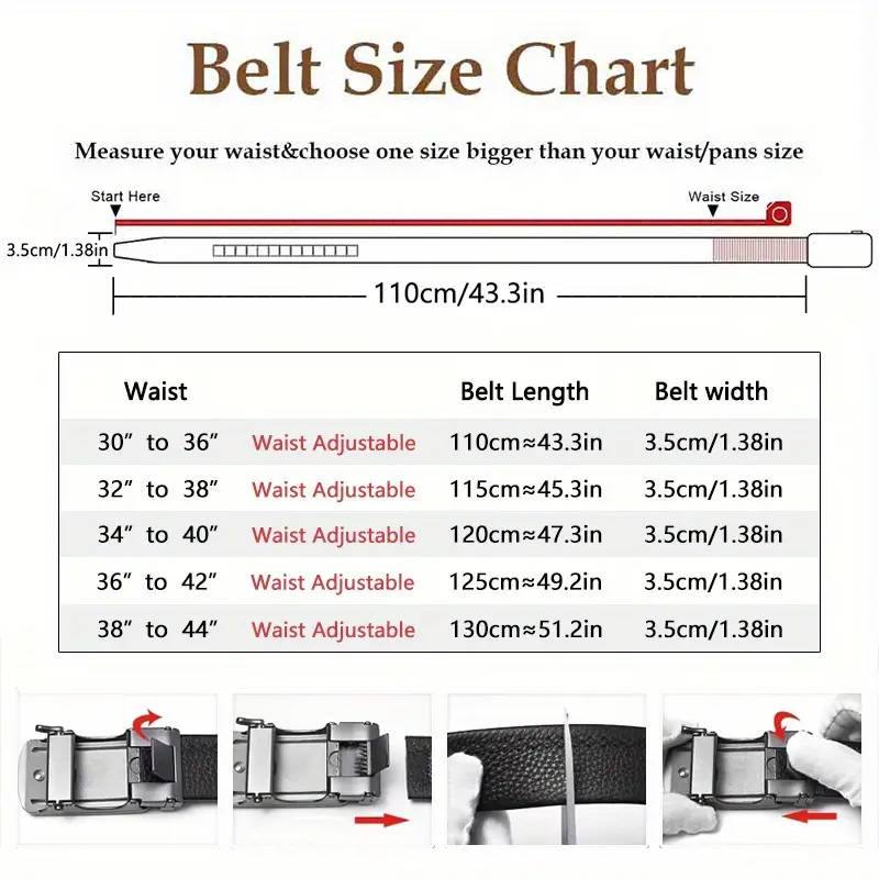 Men's Genuine Leather Ratchet Belt with Adjustable Automatic Buckle, Brown, 130cm
