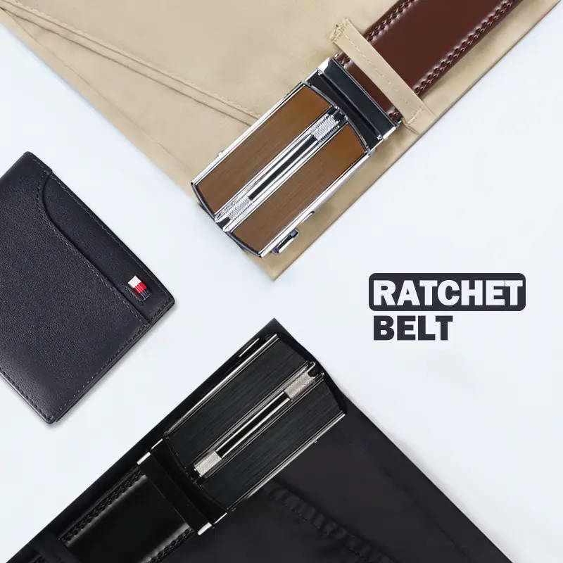 Men's Genuine Leather Ratchet Belt with Adjustable Automatic Buckle, Brown, 130cm