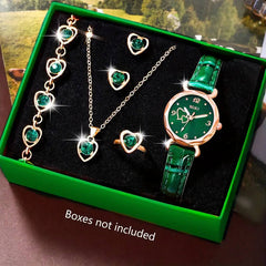 1 women's fashionable casual quartz watch with a peach-shaped dial; 5 heart-shaped necklaces and earrings.