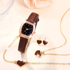 4pcs Set Ladies Watch Women Brown PU Strap Casual Quartz Watch And Heart Necklace Earings Bracelet J