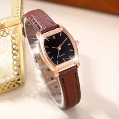 4pcs Set Ladies Watch Women Brown PU Strap Casual Quartz Watch And Heart Necklace Earings Bracelet J