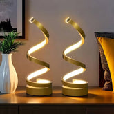 Two modern geometric spiral table lamps, space black set.