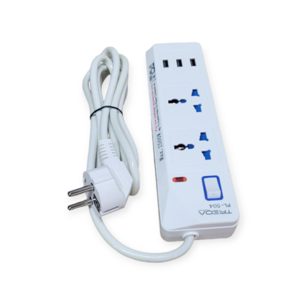 Treqa PL-504 Power Socket 2 with Off Switch Button+ 3 USB Port 2M Cable