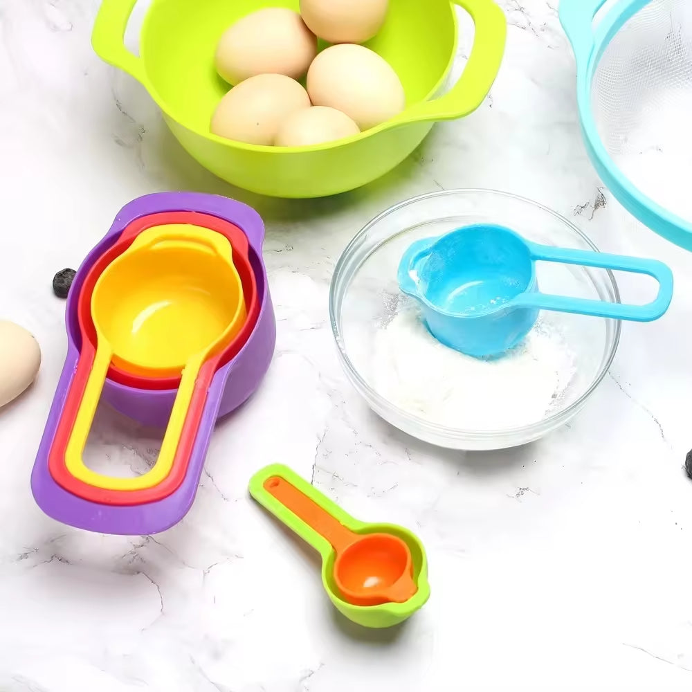 10pcs Stackable Rainbow Colorful Plastic Mixing Bowl Colander Washing Basket Mesh Sieve Measuring cup measuring spoon Bowl