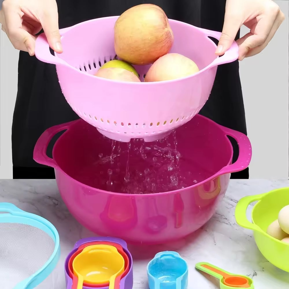 10pcs Stackable Rainbow Colorful Plastic Mixing Bowl Colander Washing Basket Mesh Sieve Measuring cup measuring spoon Bowl