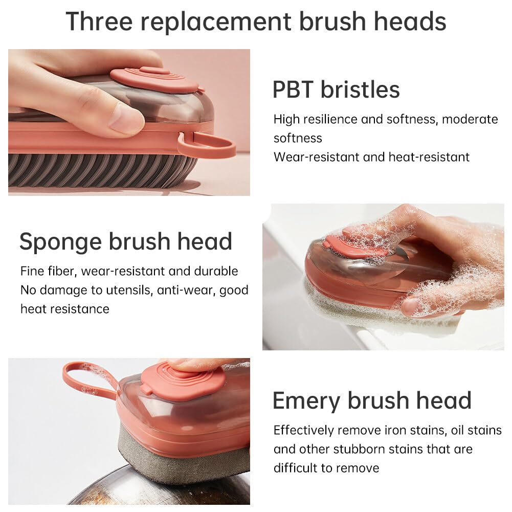 Home Multi Hydraulic Cleaning Brush, 3 in 1 Automatic Liquid Addition Soft Bristle Laundry Brush with 2 Replacement Brushes for Laundry Shoes Dish Sink Pan