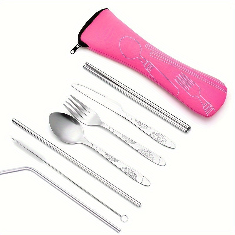 7-Piece Stainless Steel Cutlery Set - Portable and Durable Outdoor Camping Cutlery with Spoon, Fork, Knife and Chopsticks - Great for Travel and Picnics