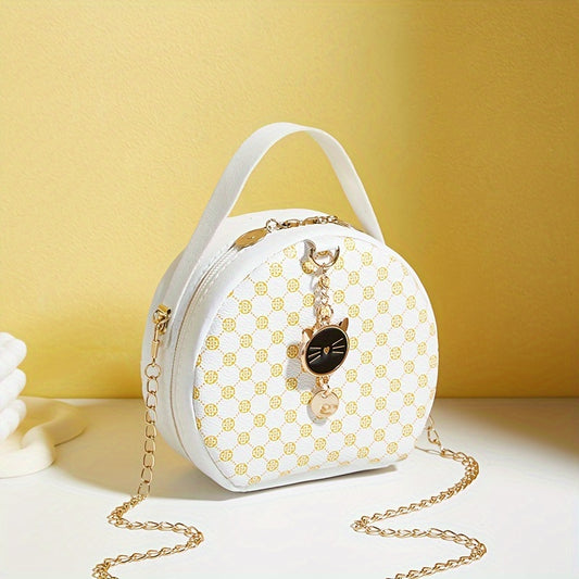 Girls classic fashion diamond letter print round crossbody bag with chain and zipper closure, casual simple commuter shoulder bag suitable for travel and daily use