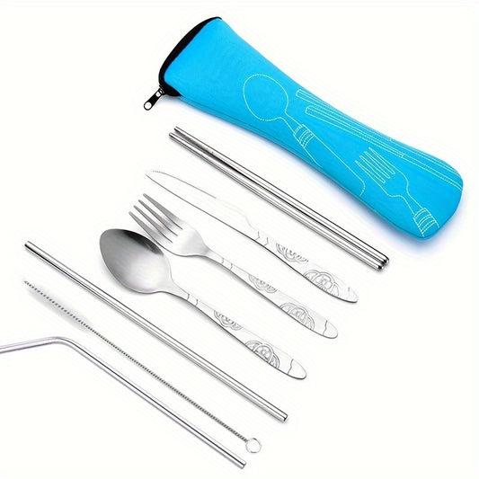 7-Piece Stainless Steel Cutlery Set - Portable and Durable Outdoor Camping Cutlery with Spoon, Fork, Knife and Chopsticks - Great for Travel and Picnics