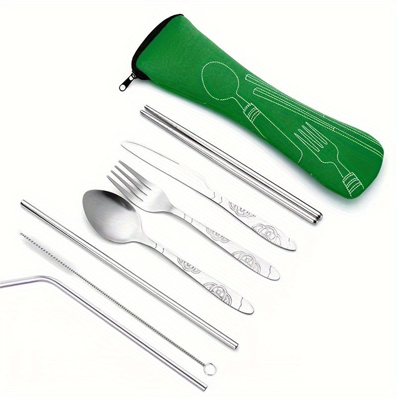 7-Piece Stainless Steel Cutlery Set - Portable and Durable Outdoor Camping Cutlery with Spoon, Fork, Knife and Chopsticks - Great for Travel and Picnics