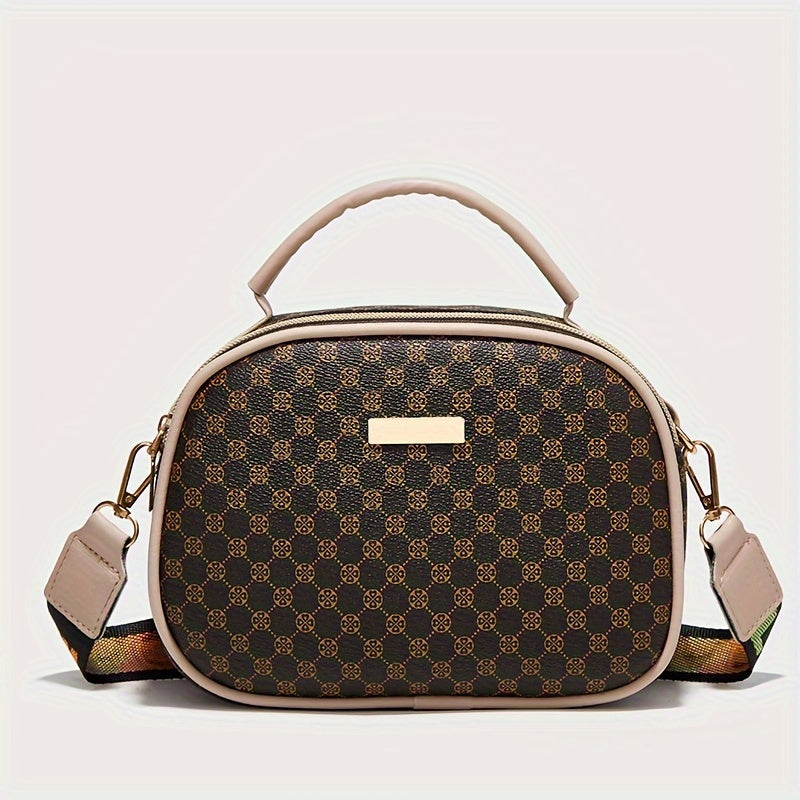 Girls simple fashion diamond letter print crossbody bag with adjustable shoulder strap and zipper closure, stylish shoulder bag suitable for outdoor and daily use