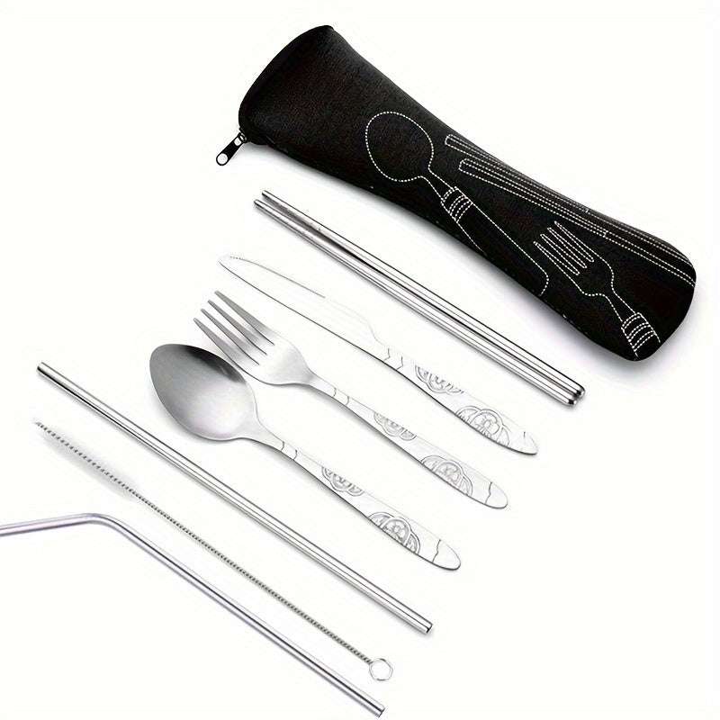 7-Piece Stainless Steel Cutlery Set - Portable and Durable Outdoor Camping Cutlery with Spoon, Fork, Knife and Chopsticks - Great for Travel and Picnics