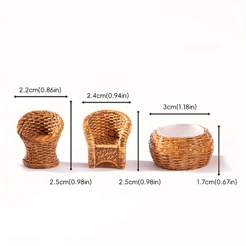 A set of small bamboo furniture, resin figurines for home decoration, small bamboo chair, dustpan, fish basket and bamboo pot.