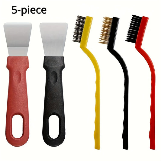 5 pieces/set, kitchen cleaning tool set, cleaning shovel defrost shovel, electric wire brush, kitchen gas stove range hood pot sink cleaning tool, heavy oil removal tool brush shovel, cleaning supplies